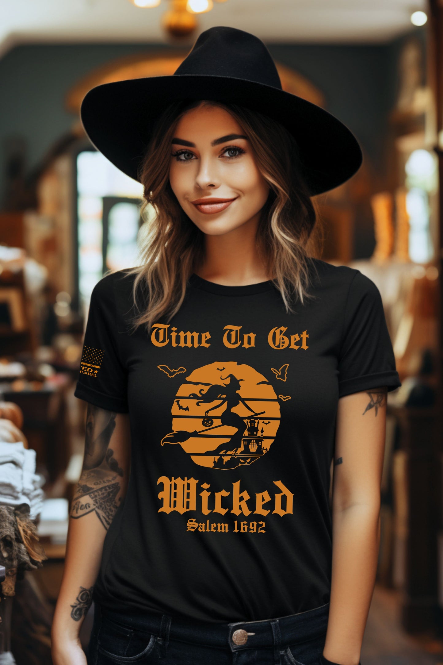 Time to Get Wicked t-shirt with flying broomstick witch