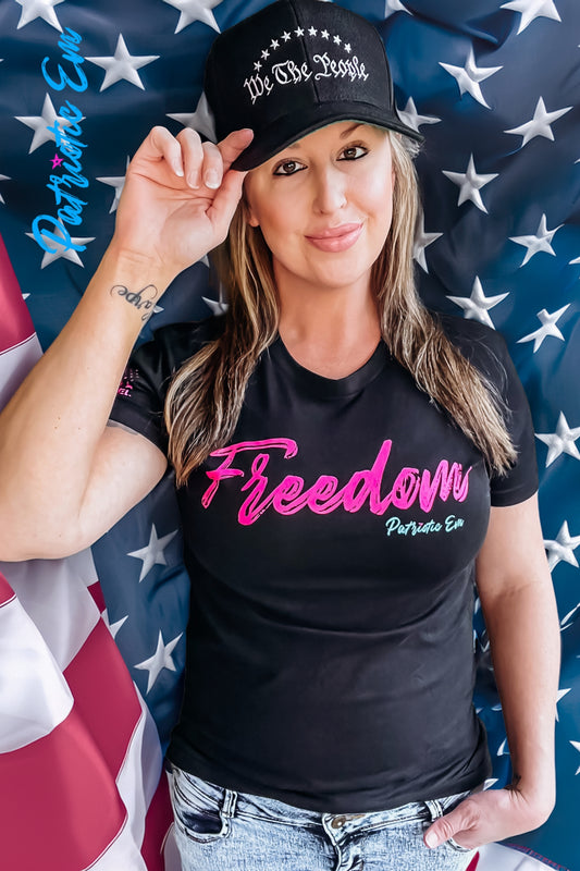 Pink FREEDOM text on black unisex tee – collaboration with Patriotic Em