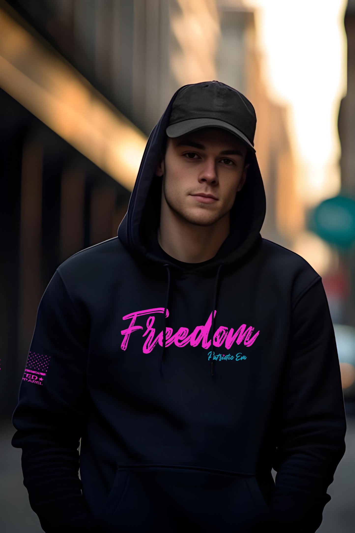 Model wearing FREEDOM in Pink shirt – patriotic apparel for proud Americans