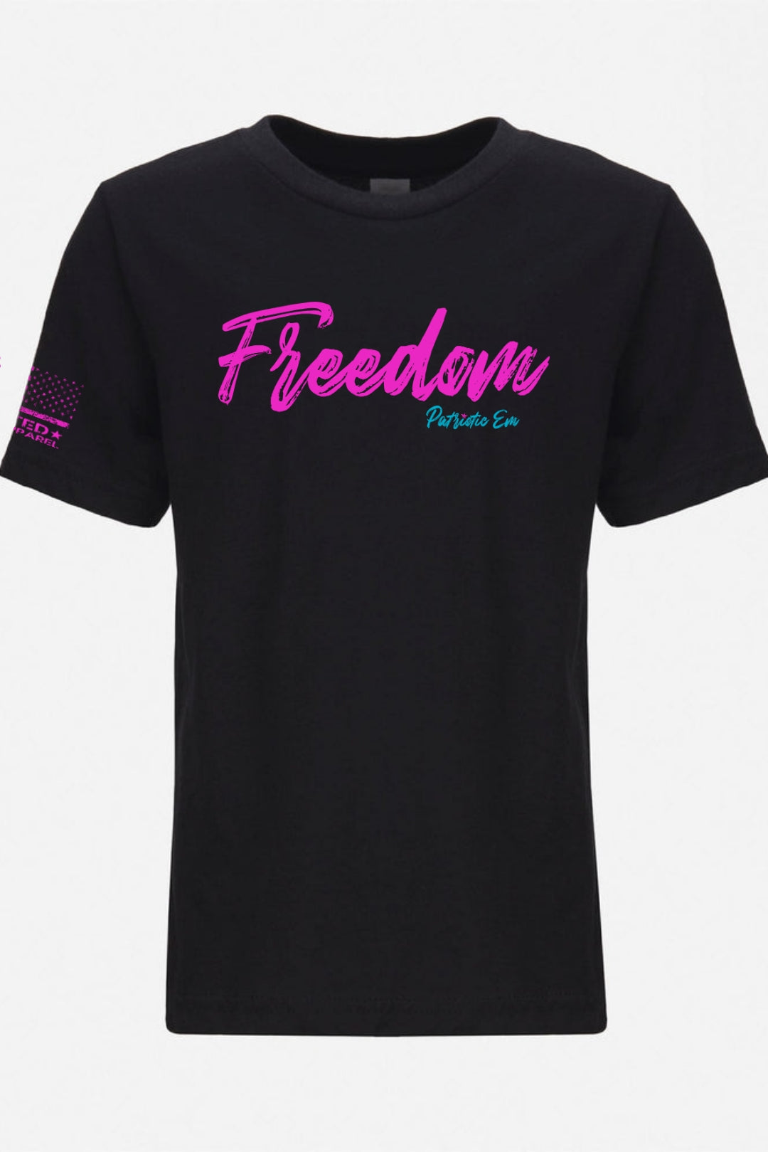 Freedom youth t-shirt in black with bold pink lettering