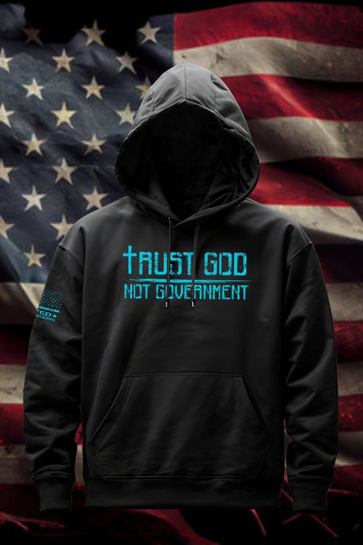 Black hoodie with Trust God Not Government message in blue