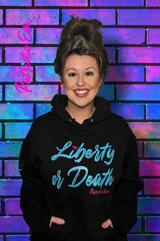 Black hoodie with bold “Liberty or Death” graphic for patriots