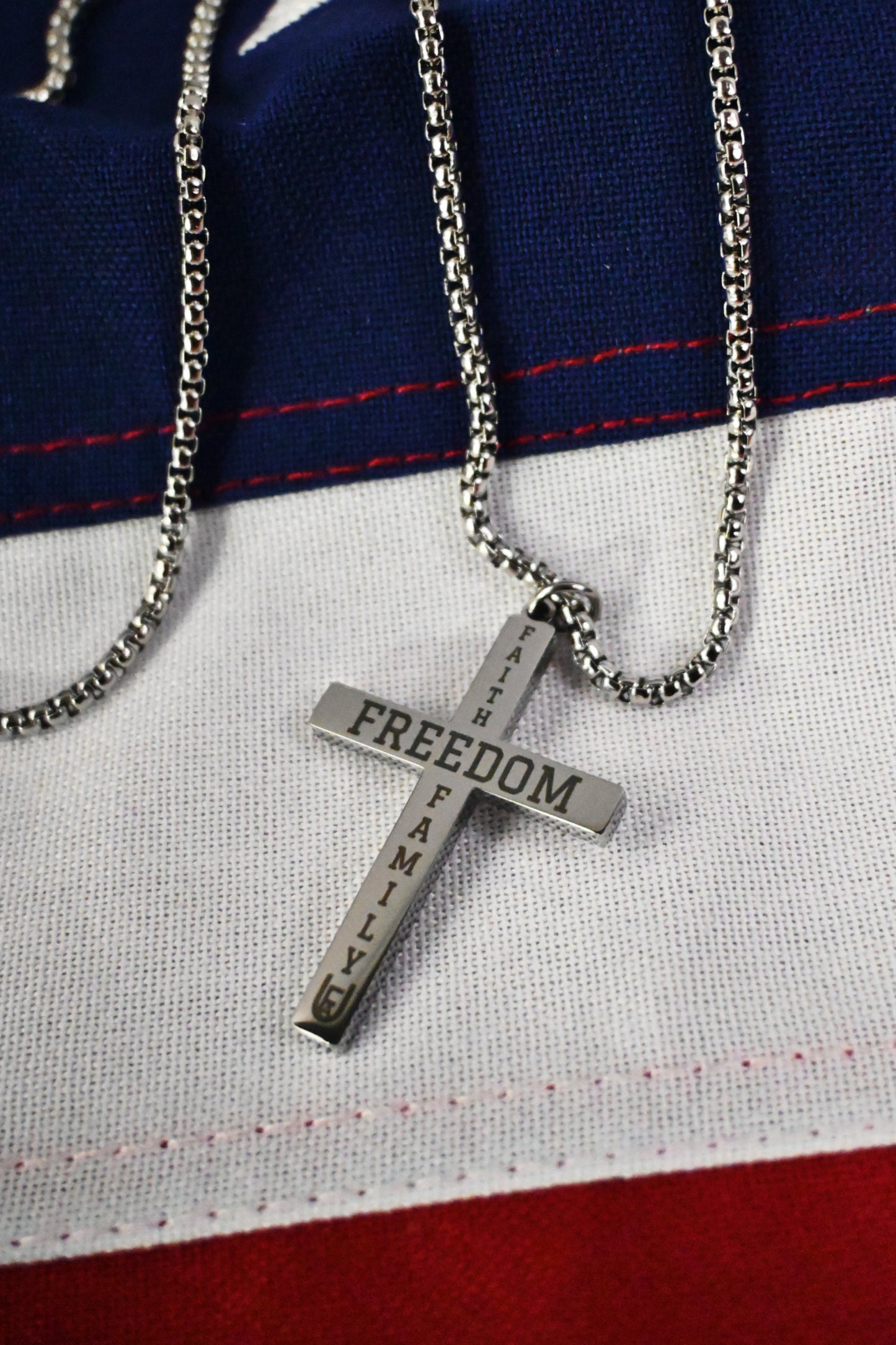 Faith Freedom Family necklace with adjustable chain in silver finish