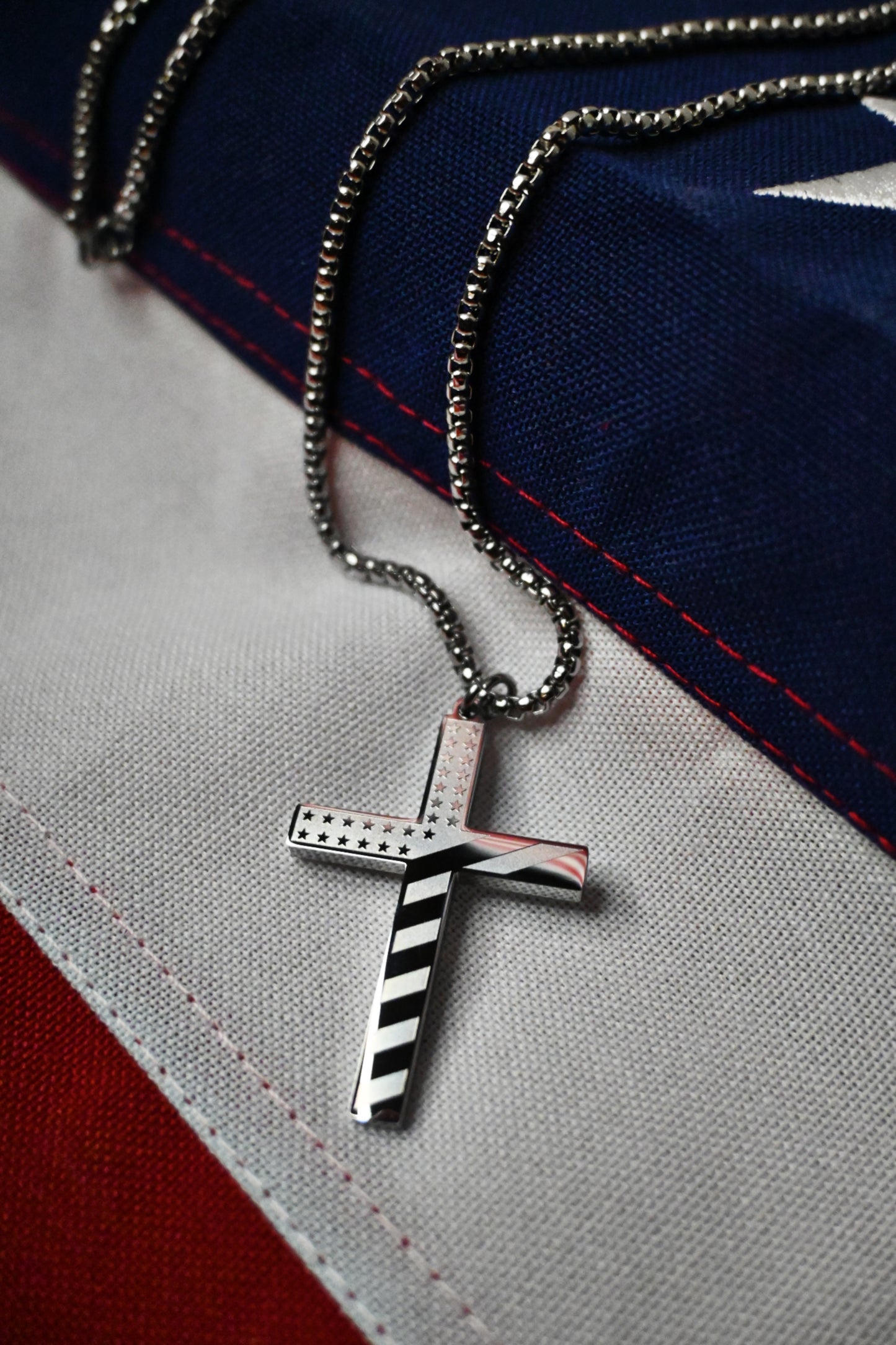 American flag cross necklace for patriots – available in silver or black