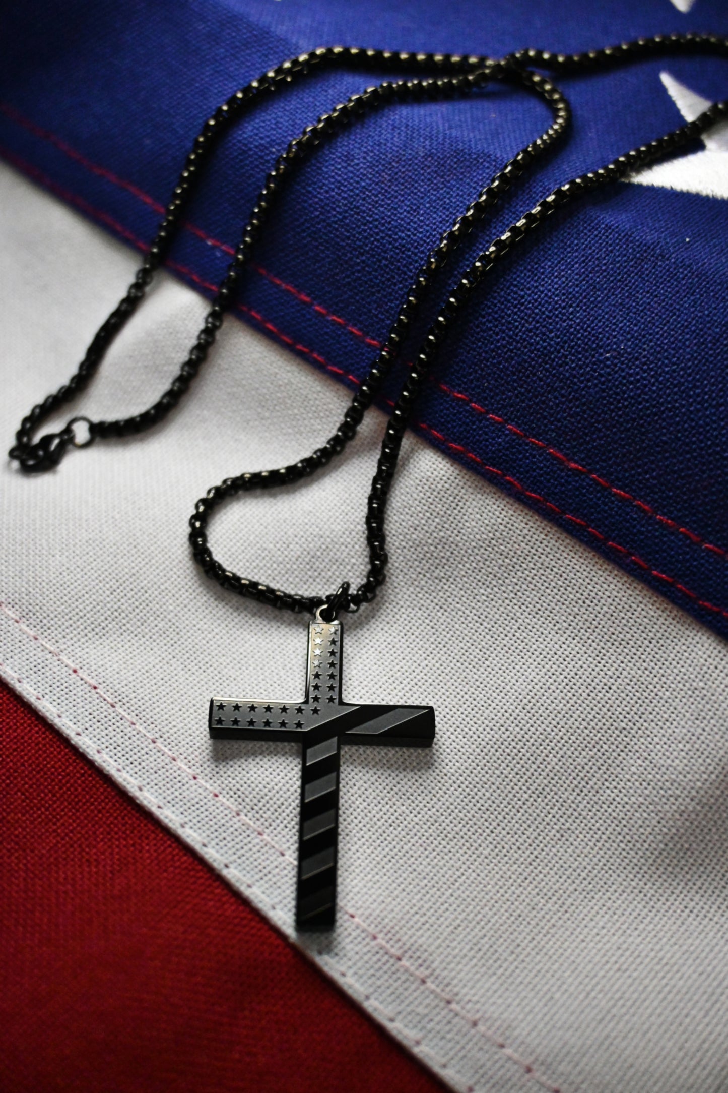 American flag cross necklace for patriots – available in silver or black