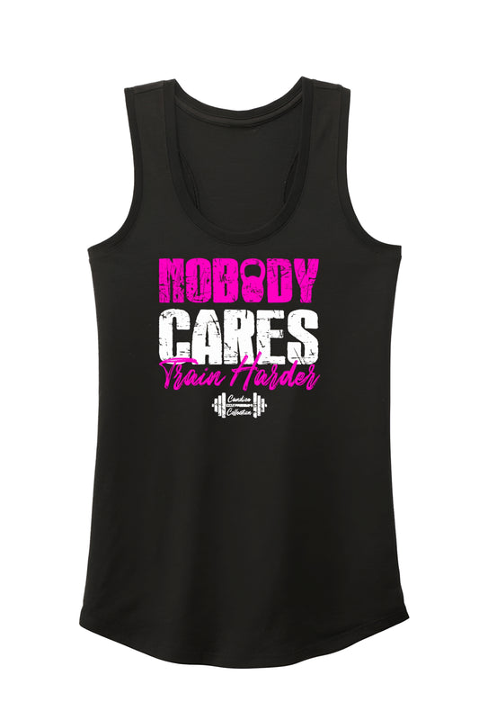 Women’s racerback gym tank top with “Train Harder” slogan