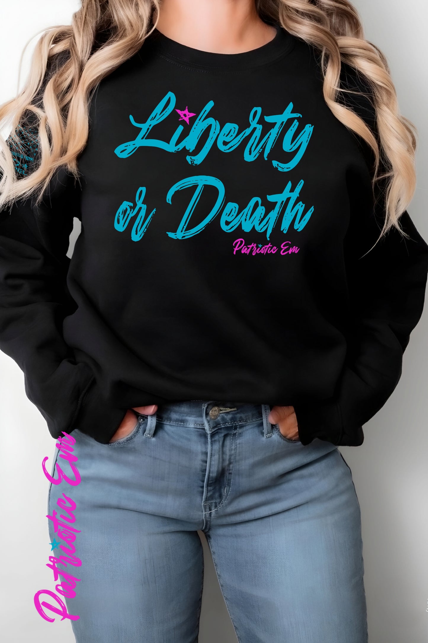 Patriotic crewneck sweatshirt with bold “Liberty or Death” graphic