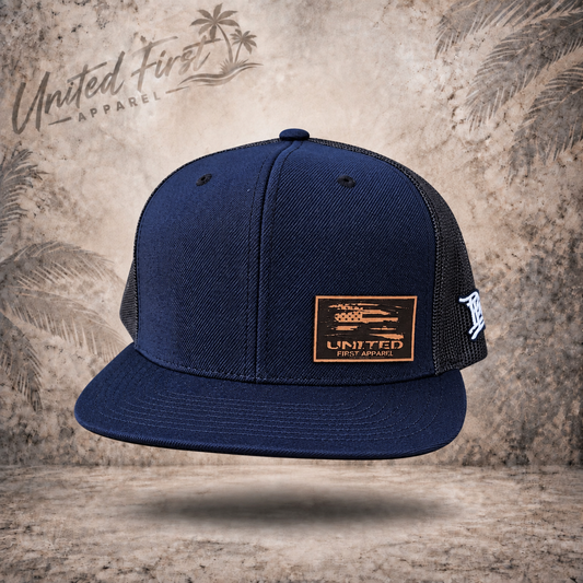 Patriotic Leather Patch Hat – UNITED Flat Bill Cap in Navy