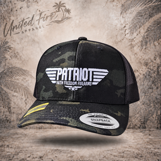 PATRIOT camo hat with Faith Freedom Firearms patch